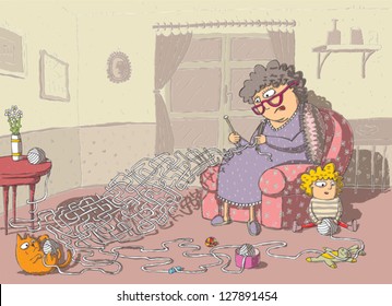 Grandma Crochet Maze Game: hand drawing with background on separate layer. Task: which wool-ball leads to grandma? Solution: cat's wool-ball! Illustration is in eps10 vector mode.