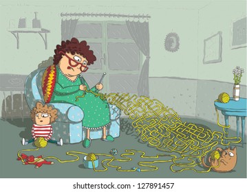 Grandma Crochet Maze Game: hand drawing with background on separate layer. Task: which wool-ball leads to grandma? Solution: cat's wool-ball! Illustration is in eps10 vector mode.