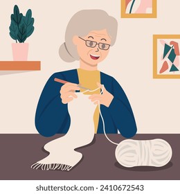 Grandma crocheting scarf with yarn and hook illustration.