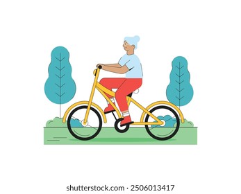 La abuela está en bicicleta en el parque mientras mira el paisaje. Diseño de personajes. Ilustración plana de Vector