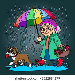 Grandma with a dog in the rain.  Vector illustration.