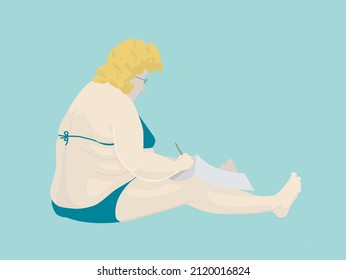 Grandma doing a crossword on the beach. Cute granny in bikini. Vector illustration.