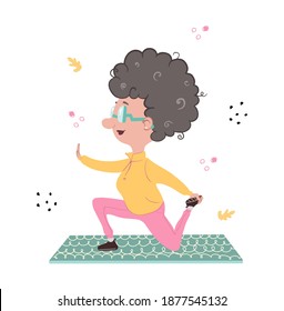 Grandma doing yoga. Illustration in cartoon style. Quarantine activities.Things to do at home. Vector illustration.