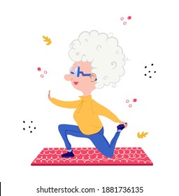 Grandma doing yoga. Illustration in cartoon style. Quarantine activities.Things to do at home. Vector illustration.