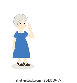 Grandma, Dressed In Blue, Stood With Two Fingers Up.