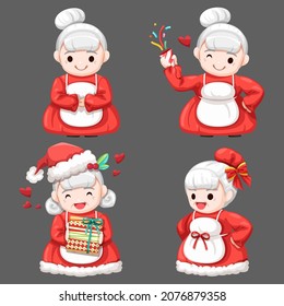 Grandma dresses up Santa Claus on Christmas night in a variety of poses and moods. Merry Christmas cutout element for Holiday cards, invitations and website. illustration celebration decoration.