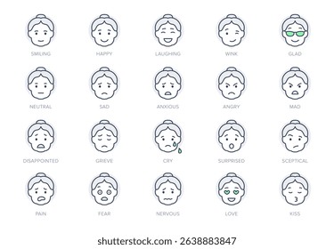 Grandma emoticons line icon set. Vector illustration include icon - mental health, worry, disappointed outline pictogram for elderly woman character expression. Green Color, Editable Stroke.