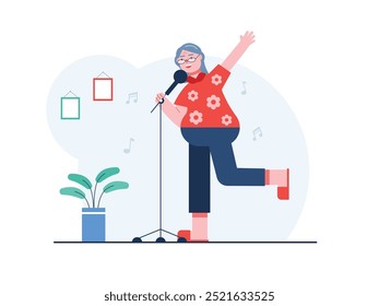 La abuela está cantando y bailando con entusiasmo en casa, disfrutando de la vejez. Diseño de personajes. Ilustración plana de Vector