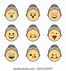 Grandma face emoticon icon set. Emoji faces collection. Emoji flat style. Happy and grandma face emoji.