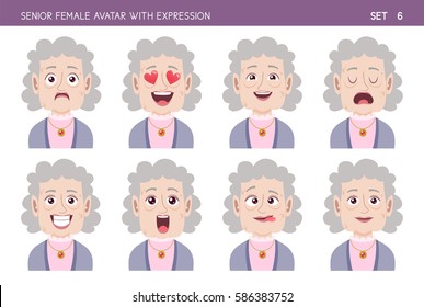 Grandma facial emotion set. Senior female cartoon style character with different expressions. Part 6 of 6.