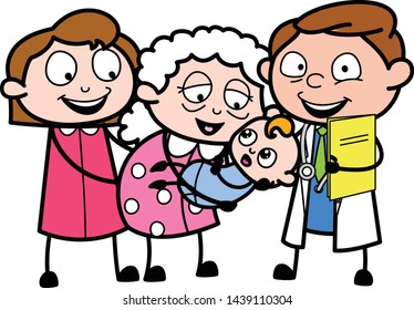 Grandma Feeling Happy with Baby - Professional Cartoon Doctor Vector Illustration