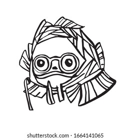 Grandma fish. Vector illustration in line art style. Hand drawn. On white background.