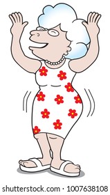 A grandma in a flowered dress is dancing, shimmying and shaking