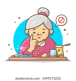 Grandma Forbid Smoking Vector Icon Illustration. Grandma and Smoke, Coffee, Hand Pointing Icon Concept White Isolated. Flat Cartoon Style Suitable for Web Landing Page, Banner, Sticker, Background