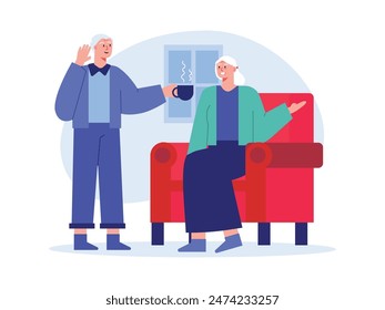 Grandma is giving a hot drink to her friend who is sitting on the sofa, nursing home. Character design. Vector flat illustration