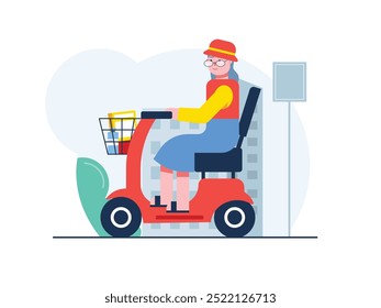 Vovó com óculos e um chapéu vermelho andando de bicicleta elétrica de volta para casa do supermercado. Design de caracteres. Ilustração em plano vetorial