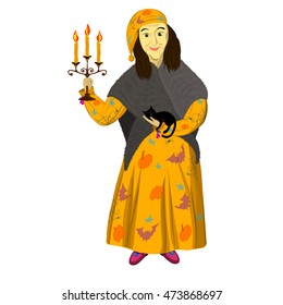 Grandma good witch, a candlestick and a cat