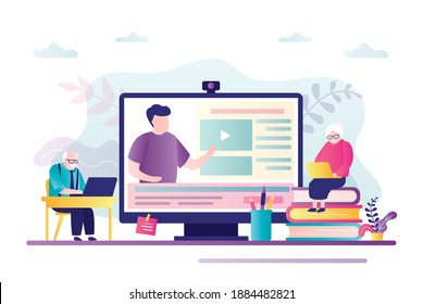 Grandma and grandad study on internet courses, webinars. Grandparent at online lesson. Concept of e-learning for seniors and additional education. Male teacher on monitor screen. Vector illustration