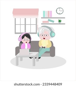 Grandma granddaughter enjoy videogames sit on couch at home.weekend activity with kids concept.aging society.elderly day.family relationships with modern technology.