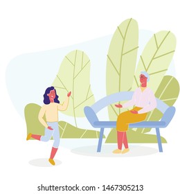 Grandma and Granddaughter on Walk in Park Cartoon. Girl Running near Old Grandmother and Waving Hand in Greeting Gesture. Elderly Lady Sitting on Bench. Vector Greenery Scene Flat Illustration