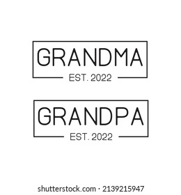 Grandma And Grandpa With Black Rectangle, Est.2022, White Background, Thin Line Letters