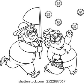 Grandma and Grandpa catch coins. Coloring page. Vector illustration.