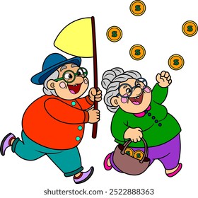 Grandma and Grandpa catch coins.  Vector illustration.