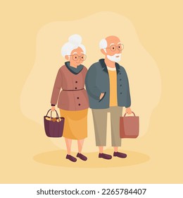 Grandma and Grandpa come home with their shopping. A couple of elderly people hold hands and carry shopping bags. Vector illustration of pensioners in flat cartoon style