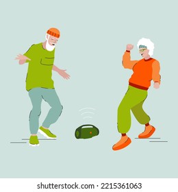 Grandma and Grandpa dancing a modern dance, to music from a speaker, vector image.