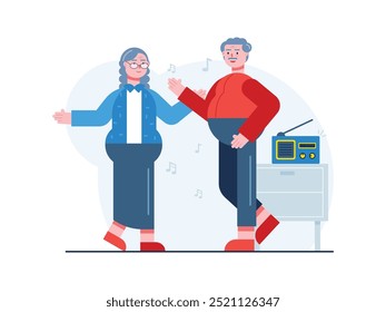 Grandma and grandpa are dancing together to music from the radio. Character design. Vector flat illustration