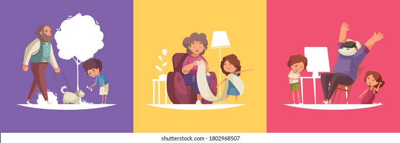 Grandma and grandpa design set with knitting and walking symbols flat isolated vector illustration