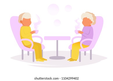 Grandma and grandpa are drinking tea at the table Vector. Cartoon. Isolated art on white background. Flat