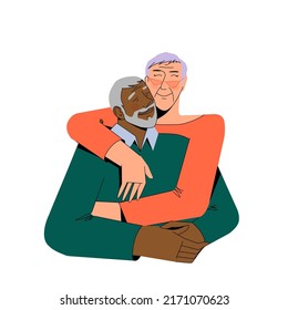 Grandma and grandpa embracing and supporting each other. 