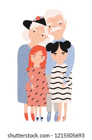 Grandma and grandpa embracing their granddaughters. Portrait of grandfather, grandmother and grandchildren. Funny cartoon characters isolated on white background. Colored flat vector illustration.