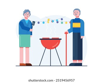 Grandma and grandpa are enjoying a barbeque at home, with lights decoration for visiting family children. Character design. Vector flat illustration