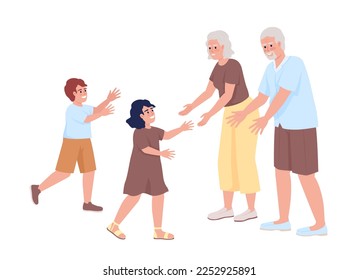 Oma und Opa begrüßen Enkelkinder halbflache Vektorgrafiken. Bearbeitbare Zahlen. Vollkörperleute auf Weiß. Einfache Cartoon-Style-Illustration für Web-Grafik-Design und Animation