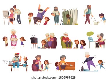 Grandma and grandpa set with pastime symbols flat isolated vector illustration