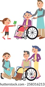 Grandma and grandpa sitting in wheelchairs, caregiver and grandchild