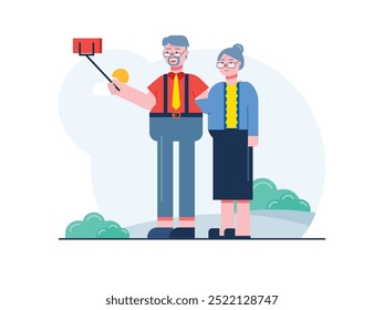 La abuela y el abuelo están tomando una foto juntos a través del teléfono, disfrutando del hermoso paisaje. Diseño de personajes. Ilustración plana de Vector