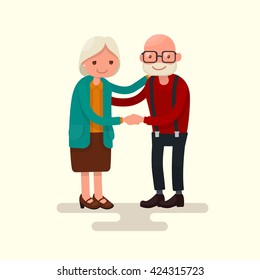 Grandma and Grandpa together holding hands. Vector illustration of a flat design