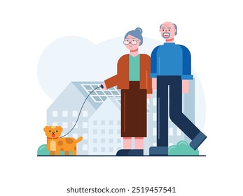 Grandma and grandpa walking with their pet dog, spending leisure time together. Character design. Vector flat illustration