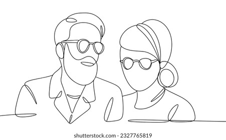 Grandma and grandpa wearing eyeglasses. Age-related deterioration of vision. Ophthalmologist Day. One line drawing for different uses. Vector illustration.