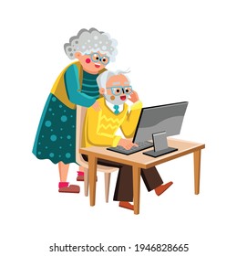 Grandma And Grandpa Working On Computer Vector. Grandma And Grandpa Senior Couple Watching On Screen. Characters Grandfather And Grandmother Online Communication Flat Cartoon Illustration