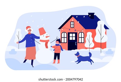 Grandma and grandson making snowman together in backyard. Flat vector illustration. Old woman, child, dog having fun under snowfall. Family, winter, Christmas, holidays, childhood concept for design