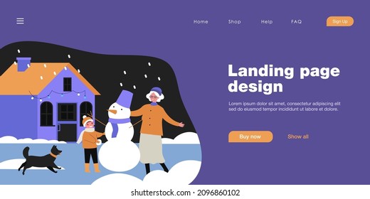 Grandma and grandson making snowman together in backyard. Flat vector illustration. Old woman, child, dog having fun under snowfall. Family, winter, Christmas, holidays, childhood concept for design