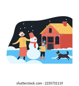 Grandma and grandson making snowman together in backyard. Flat vector illustration. Old woman, child, dog having fun under snowfall. Family, winter, Christmas, holidays design