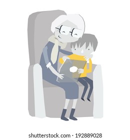 Grandma Grandson sharing internet tablet communication teaching illustration