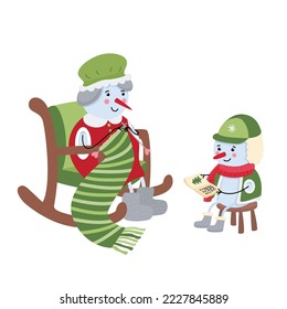 Grandma and grandson snowmen spending time together. Great for New Year and Christmas greeting cards. Cozy winter. Red, green and yellow colors. Vector flat illustration.