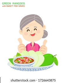 Grandma and Green Mangoes Sweet Fish Sauce Vector