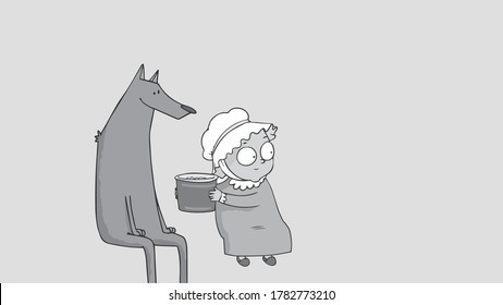 Grandma Has A Bucket Of Popcorn In Her Hand And Gives It To The Wolf, Grandma Sits Next To The Wolf,vector,cartoon.